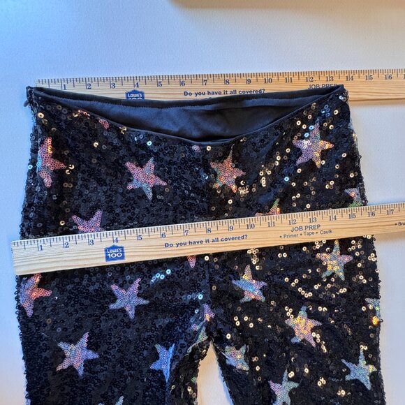 Shein Sequin Star Print Flared Pant Small Black Silver Rave Festival Maximalist - Picture 7 of 14